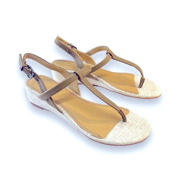 SPLENDID T Strap Beige Linen and Taupe Leather  Wedge Sandals NEW IN BOX SZ 9 - Picture 2 of 11
